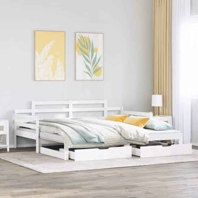 Berkfield Home White Rustic Pine Daybed with Trundle and Drawers, W/D/H: 90 x 200 cm