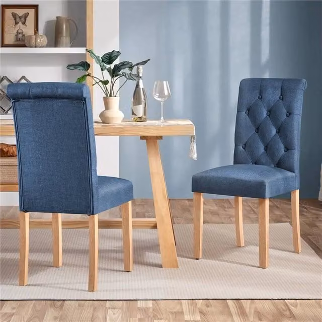 Kelvenix Set of 2 Modern Blue Fabric Dining Chairs with Rubberwood Frame – 1