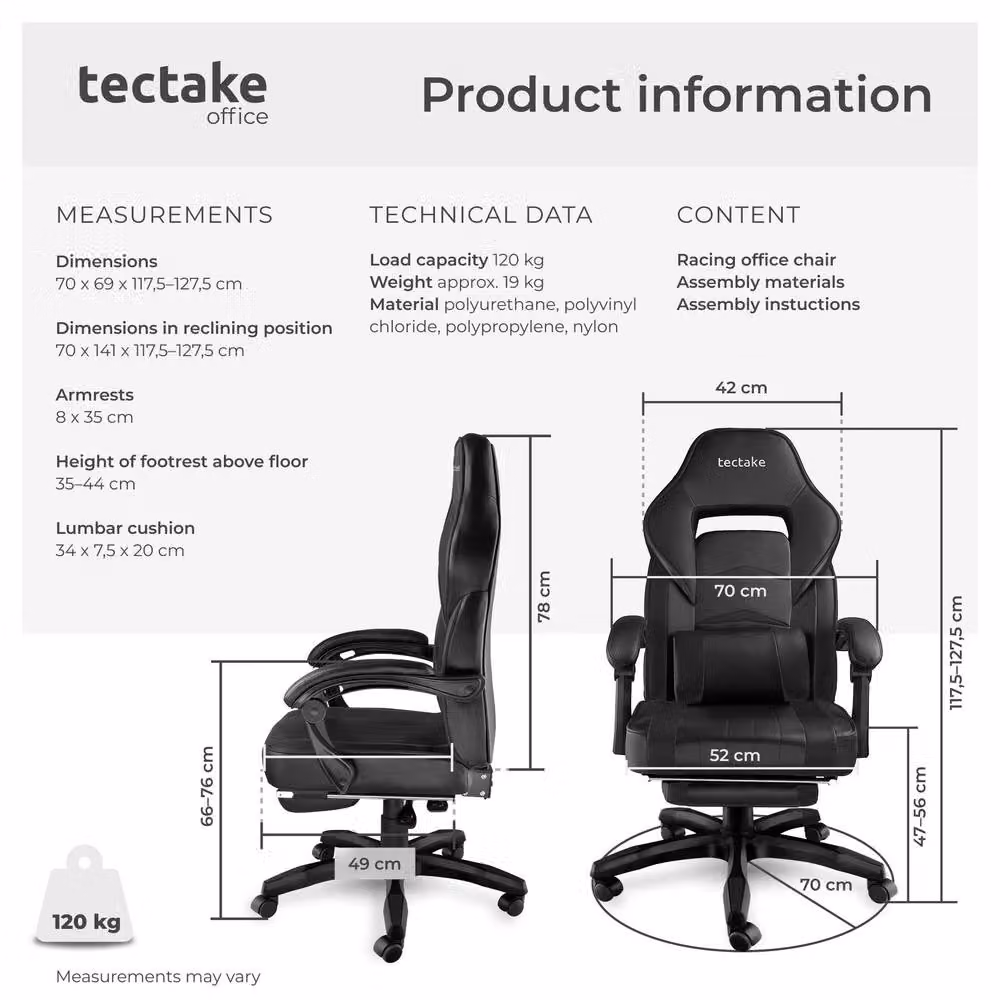 tectake Comodo Gaming Chair in Black with Synthetic Leather, Footrest and Adjustable Backrest – 6