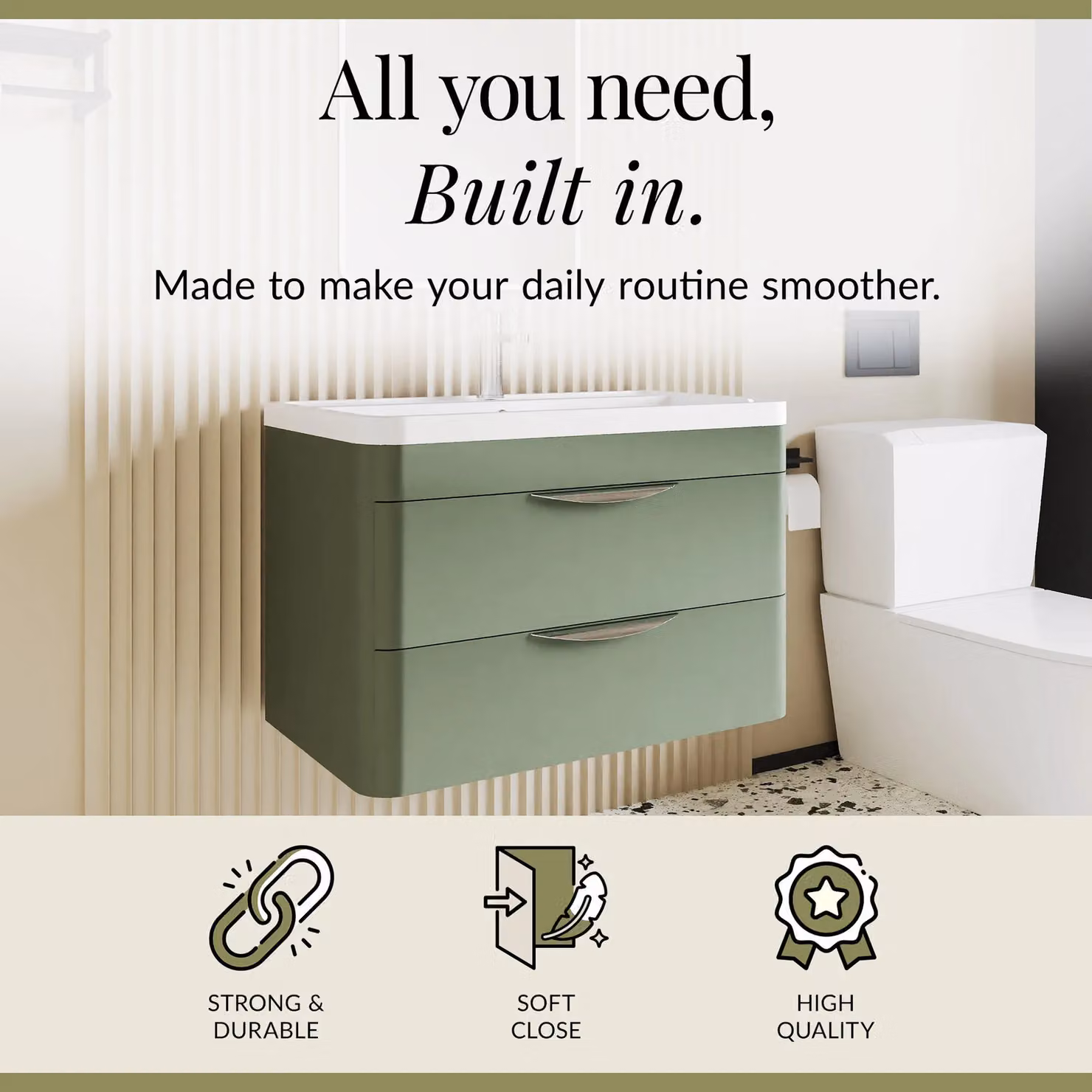 Balterley Contemporary Wall Hung 2 Drawer Bathroom Vanity Unit, Green, W: 80 cm, D: 54 cm – 2