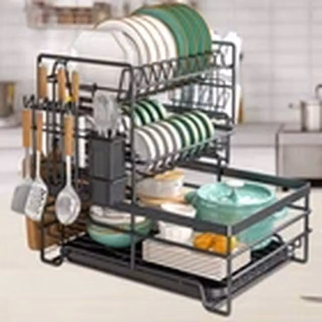 EONLION 3 Tier Sink Dish Drainer Rack with Cutlery Holder and Drip Tray, Black – 1