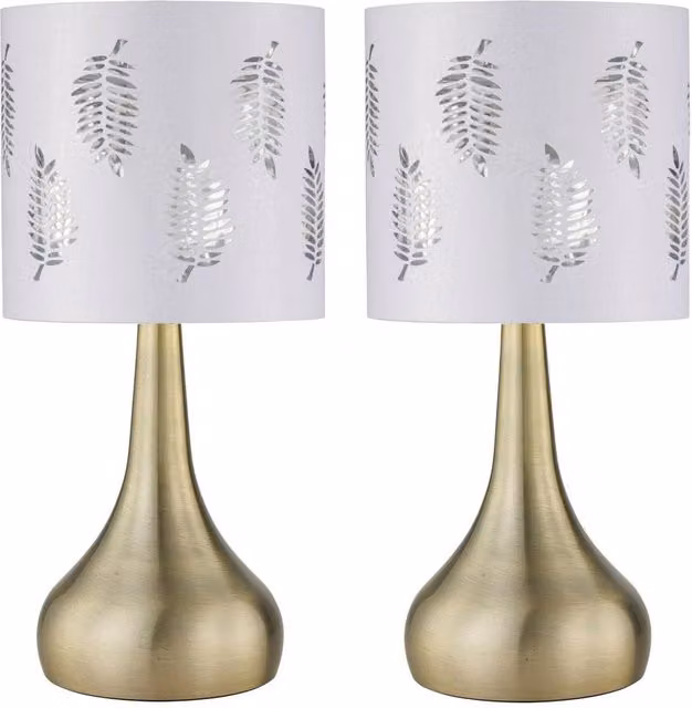 First Choice Lighting Romana Set of 2 Antique Brass Touch Table Lamps with White Fabric Fern Shades – 1