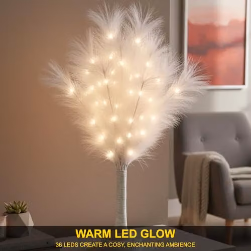 Shatchi White Feather Tree Table Lamp with Warm White LEDs, Battery-Operated, Height: 70 cm – 3
