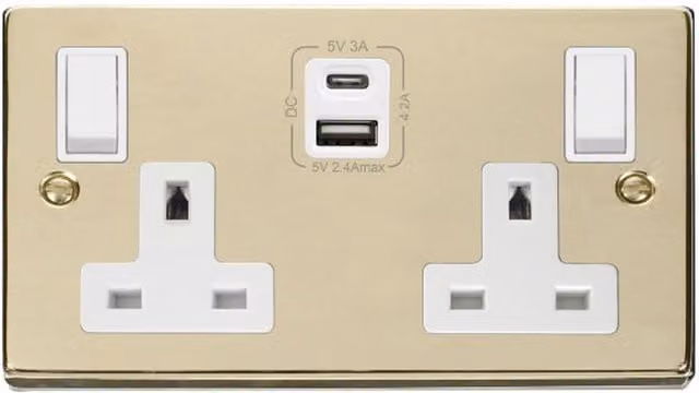 SE HOME Polished Brass and White 2 Gang 13A Type A C USB Twin Double Switched Flush Socket