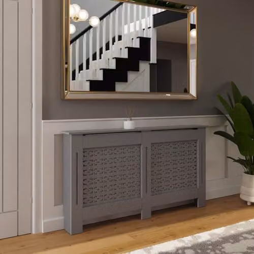 FWStyle Grey Geometric Large Radiator Cover Shelf Cabinet, W/D/H: 152 x 82.3 x 19 cm – 2