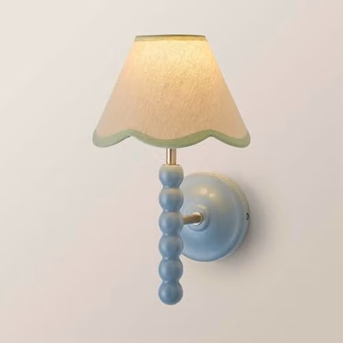 ValueLights Bobbins Powder Blue Bobble Wall Light with Green Fabric Shade and Wood Details