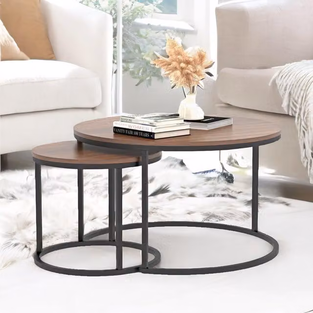 Rafaelo Mobilia Industrial Round Nesting Tables Set in Brown and Black – 1