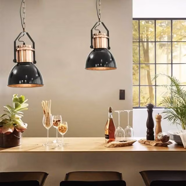 Berkfield Home Set of 2 Modern Round Suspended Ceiling Lamps in Black Metal with E27 Fitting – 1