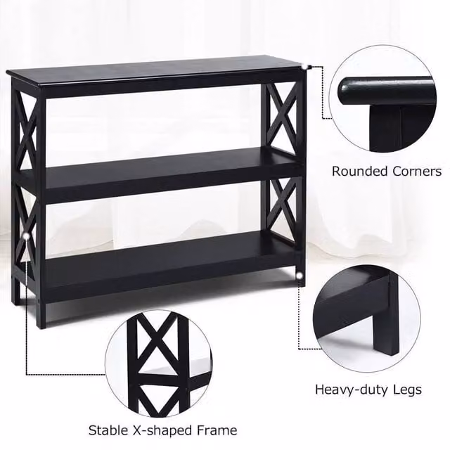 VOGREX 3-Tier X Design Console Table in Black Wood with Shelf