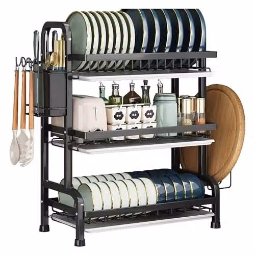 simplehuman Stainless Steel 3 Tier Dish Drainer Rack with Drip Tray and Cutlery Holder in Black or White – 12