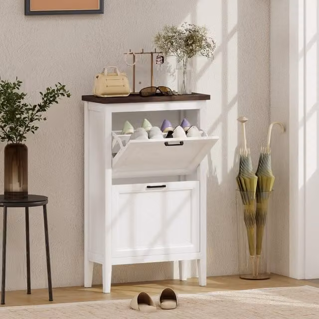 HOMCOM Modern White Shoe Cabinet with 2 Tilting Compartments, W/D/H: 96.7 x 26.5 x 26.5 cm