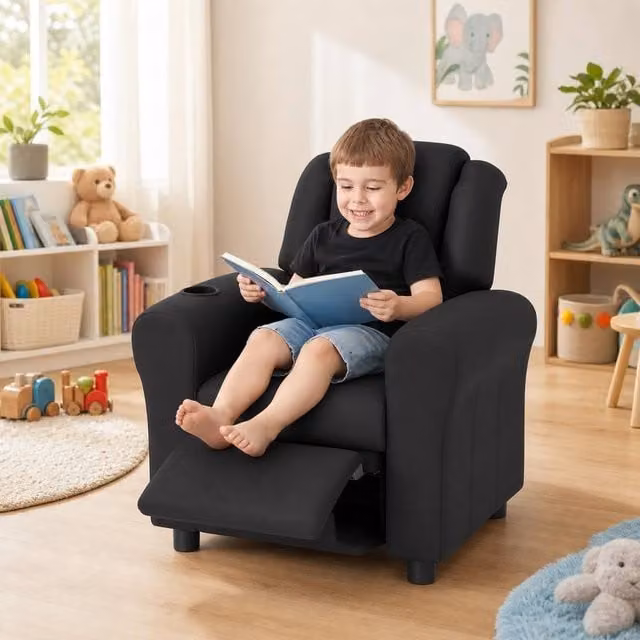 STILVORA Children's Recliner Chair with Integrated Ottoman in Black Synthetic Leather