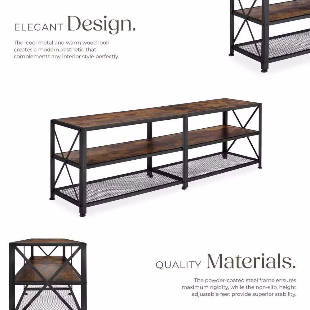 tectake Industrial TV Stand Lowboard Cabinet in Brown with 3 Shelves, Width: 141 cm – 3