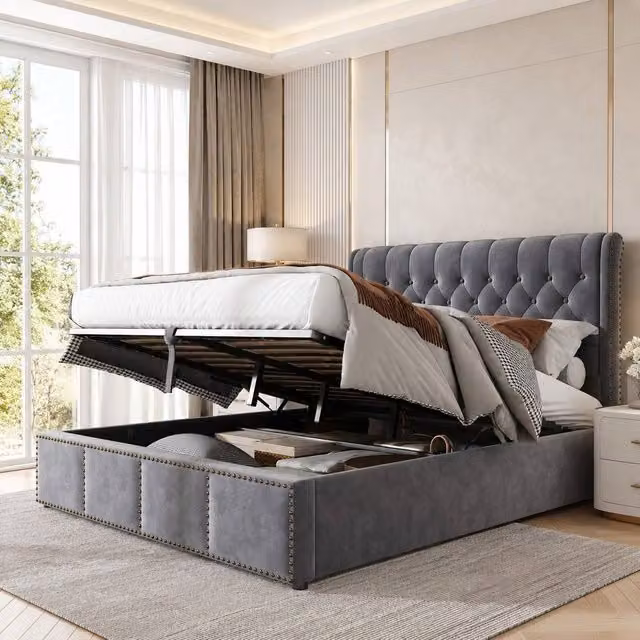 Merax Super King Upholstered Velvet Ottoman Storage Bed with Padded Headboard in Grey, W/D/H: 180 x 200 x 102.5 cm