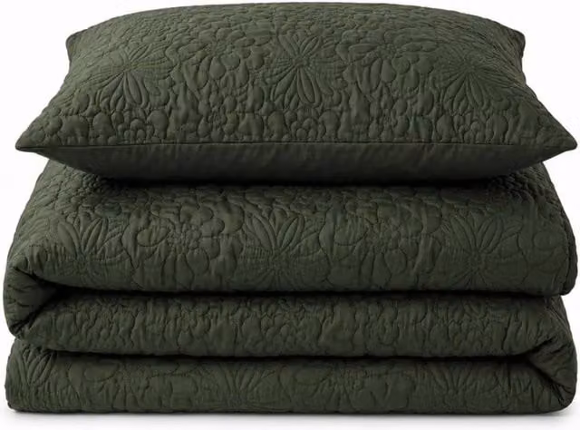 Velosso Quilted Pinsonic Geometric Duvet Cover and Pillowcase Set, Olive, W: 135 cm, H: 200 cm, Pillowcase: 90 x 190 cm