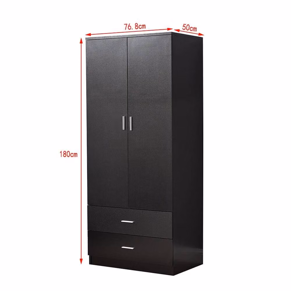 VOGREX Black Wooden Wardrobe with 2 Hinged Doors, 2 Drawers and Hanging Rail – 2