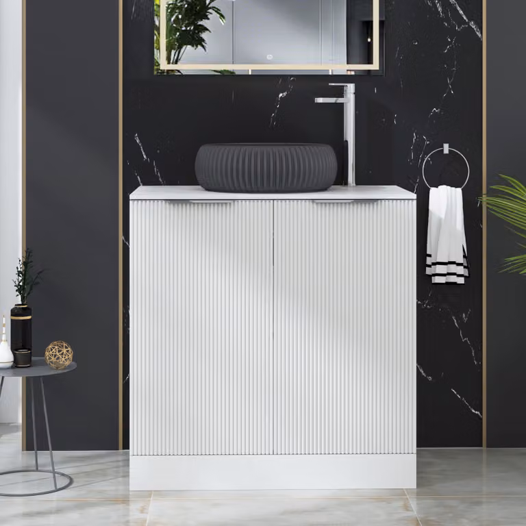 Royal Bathrooms Evora 800mm Matt White Fluted Floor Standing 2 Door Vanity Unit with Milan Black Stone Basin