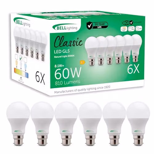 BELL Lighting B22 Dimmable LED Globe Bulbs, Cool White, 8.1W, Pack of 6