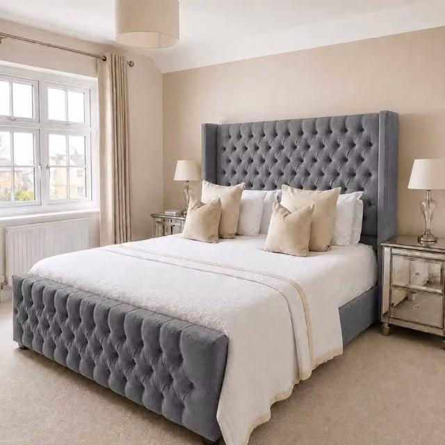Bellavita Grey Velvet Gas Lift Storage Bed with Chesterfield Tufted Headboard