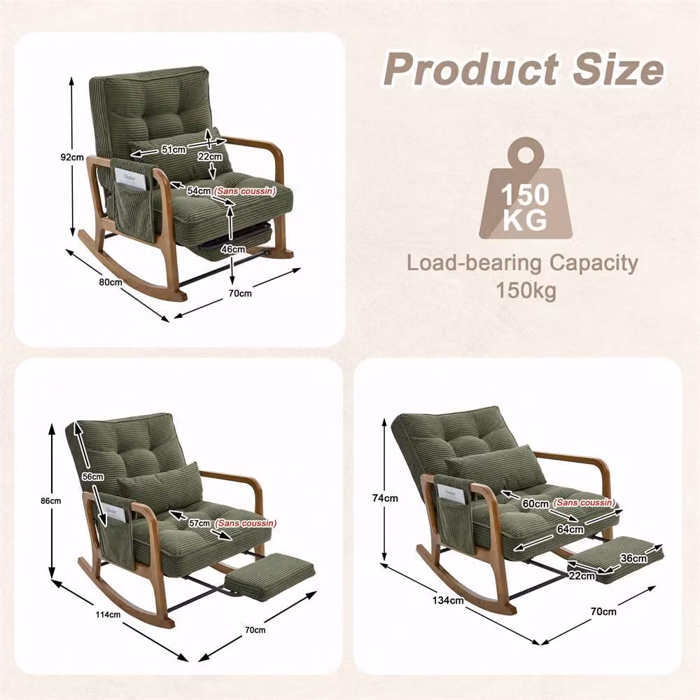 Direct Wicker Corduroy Upholstered Rocker Glider Chair with Footrest and Side Pocket in Green – 2