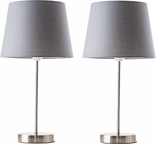 ValueLights Charlie Set of 2 Modern LED Table Lamps in Grey and Chrome with Fabric Cone Shades
