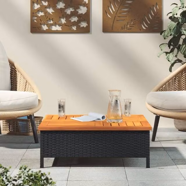 Berkfield Home Black Rattan and Acacia Wood Square Garden Table W/D/H: 70 x 70 x 25 cm – 1