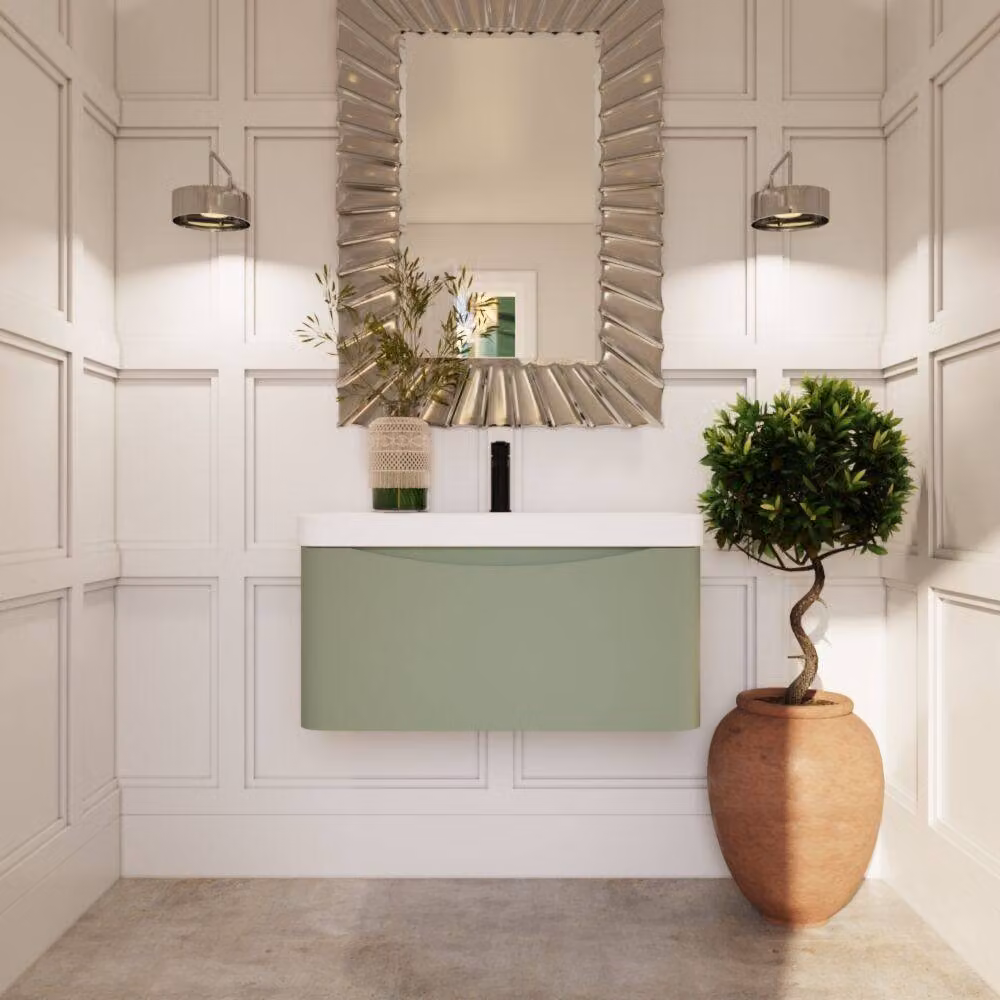 Balterley Arch Wall Hung 1 Drawer Bathroom Vanity with Ceramic Basin, Green, W: 80 cm – 2