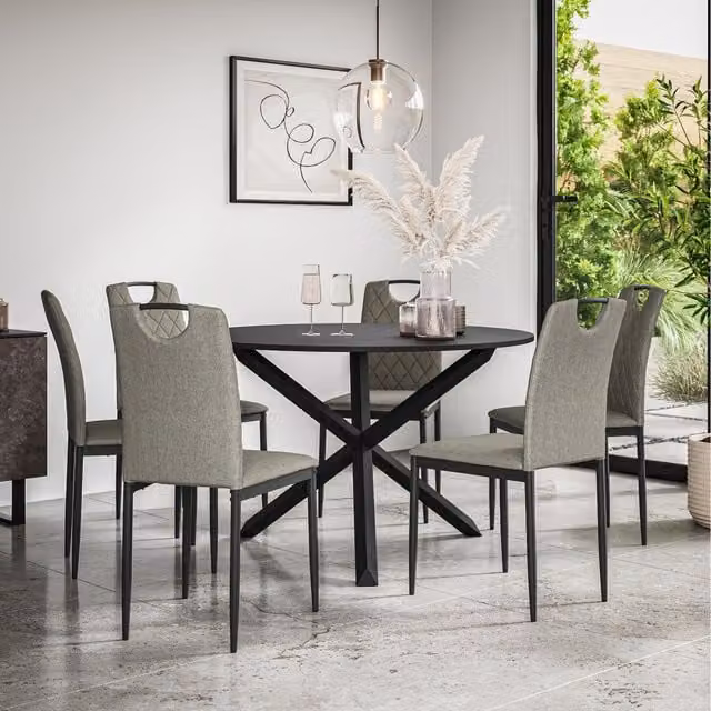 More4Homes Malvern Round Black Dining Table Set with 6 Grey Monza Fabric Chairs and Black Oak Legs