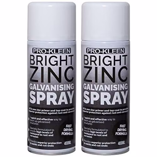 Pro-Kleen Bright Zinc Galvanising Spray Paint, 2-in-1 Primer and Top Coat, Silver, 2 x 400ml – 1