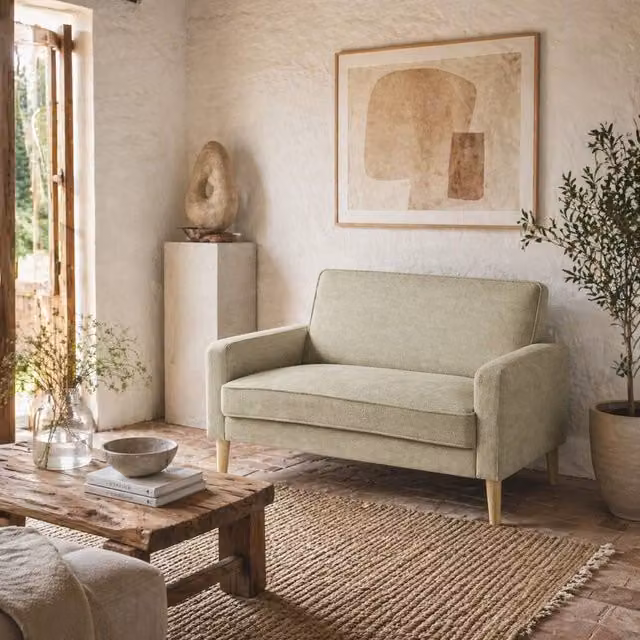 Wyld Haus Vikava 2 Seater Loveseat in Beige Velvet with Natural Wood Legs W/D/H: 130 x 82 x 74.5 cm – 1