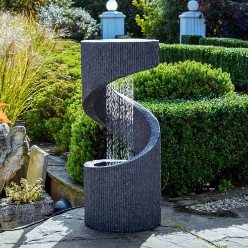Ivyline Grey Spiral Outdoor Water Feature Fountain with LED Lights, H82 x W35 cm – 1