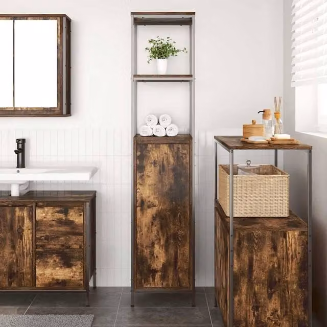 Berkfield Home Smoked Oak Bathroom Cabinet in Brown with Internal Shelves and Hinged Doors, W/D/H: 36 x 35 x 165 cm