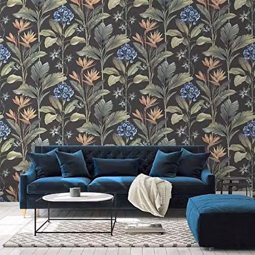 YöL Botanical Floral Wallpaper in Multicolour Anthracite, Green, Blue and Orange – 3