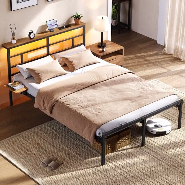 Yaheetech Metal Bed Frame with LED Headboard, USB Charging Port and Bedside Shelf, Black, 140 x 200 cm