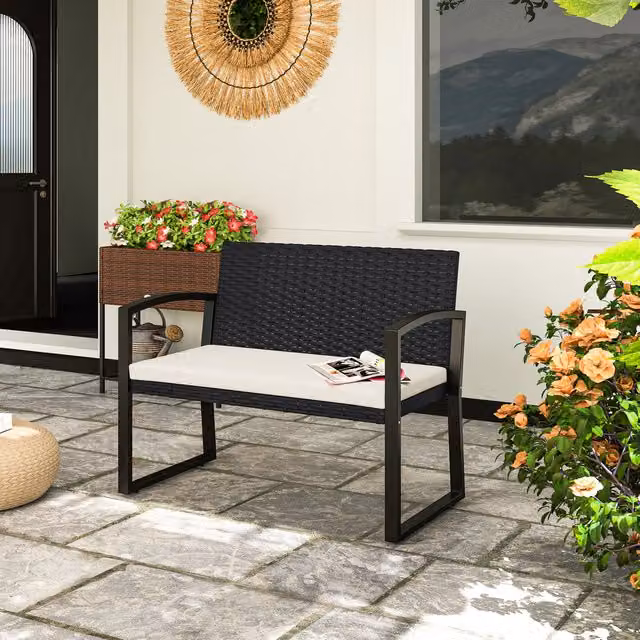 Outsunny Modern Rattan Two-Seater Garden Bench with Blue Cushions and Armrests in Black