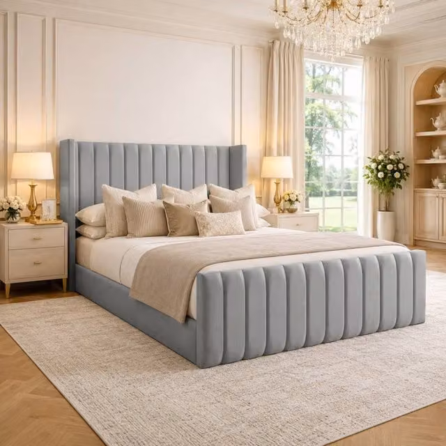 Desire Deco Plush Velvet Wingback Edward Panel Bed Frame in Grey, Small Double