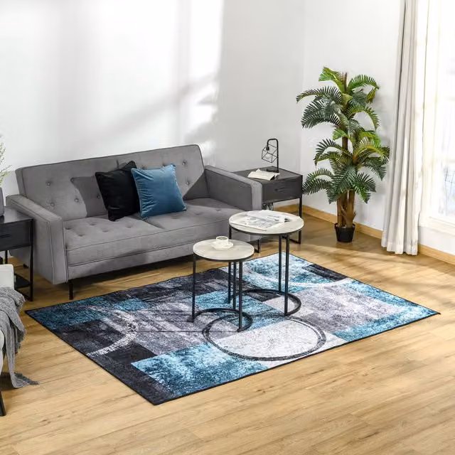 HOMCOM Modern Geometric Rectangular Area Rug for Living Room and Bedroom, Blue, Black and White
