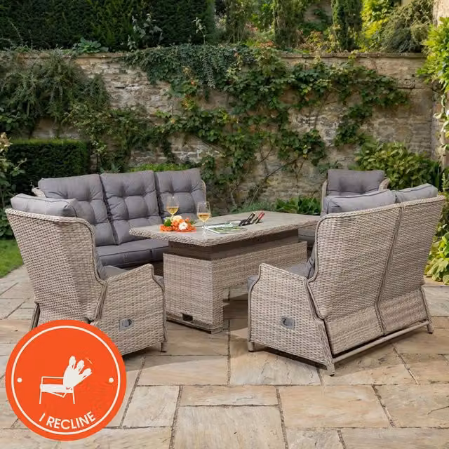 Malay Deluxe 7 Seater Grey Rattan Garden Furniture Set with Aluminium and Glass Details