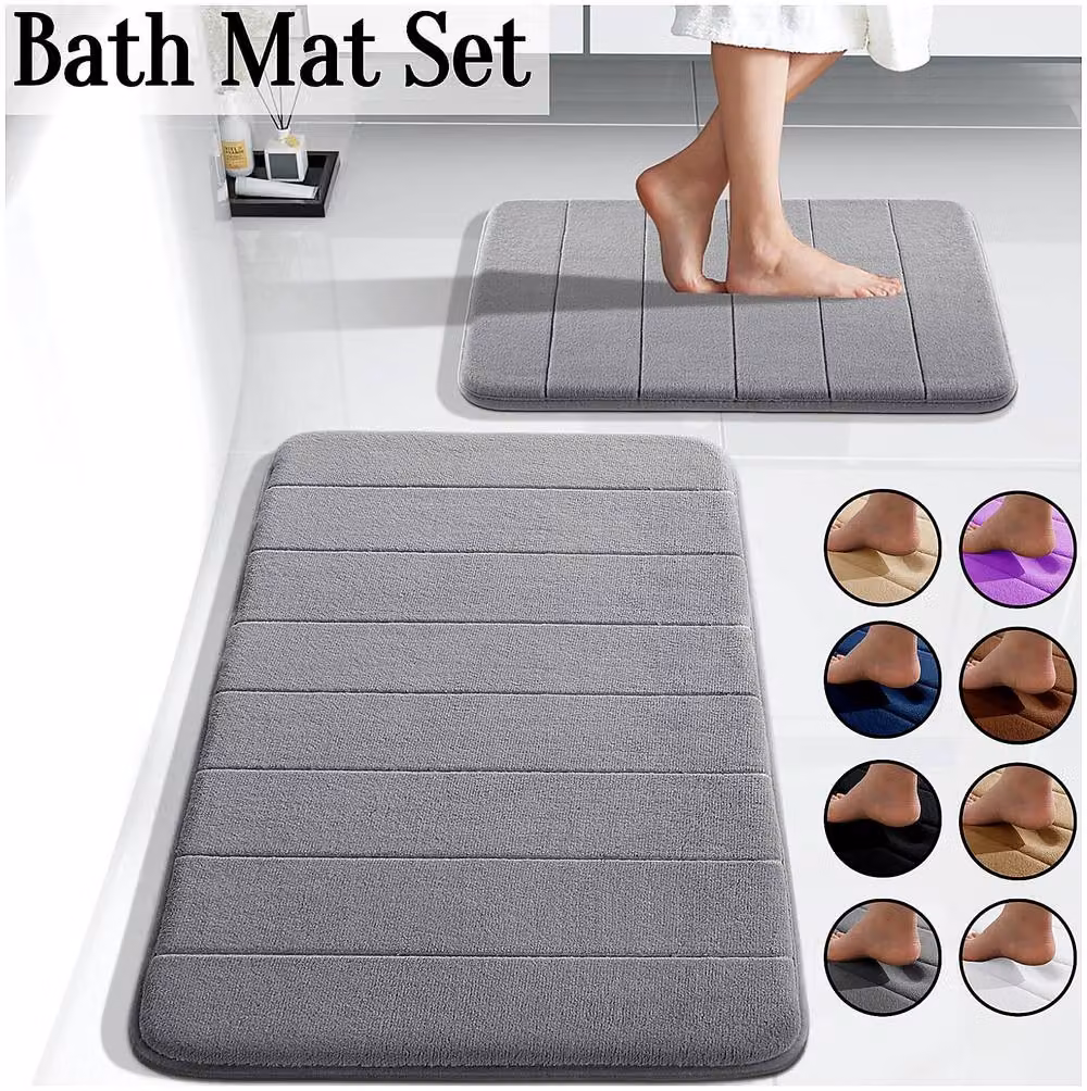 YnysTec 2 Piece Non-Slip Memory Foam Bath Mat Set in Beige, W: 50 cm x L: 80 cm – 2