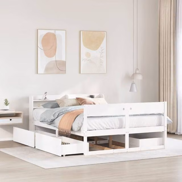 Berkfield Home White Solid Pine Wood Double Bed Frame W/D/H: 135 x 190 cm