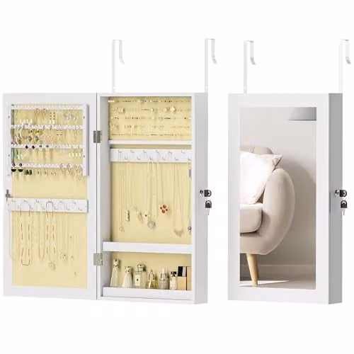 HOMCOM Wall-Mounted White Jewelry Cabinet with Mirror and Lock – 1