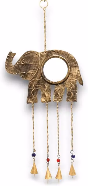 KDMK Indian Chimes Elephant Hanging Mirror with 4 Bells in Gold and Brass