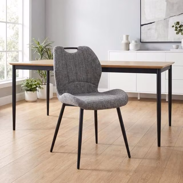 Shankar Set of 4 Modern Dining Chairs in Graphite Grey Fabric with Armrests and Black Metal Legs