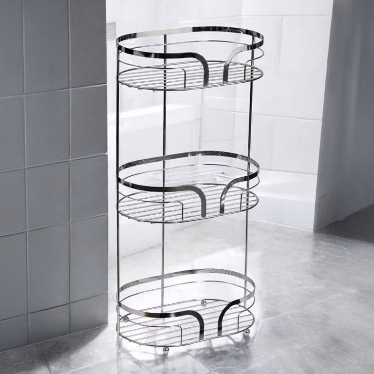 Showerdrape Dante Freestanding Metal Floor Caddy and Toilet Roll Holder in Silver, W/D/H: 57.0 x 28.5 x 18.5 cm