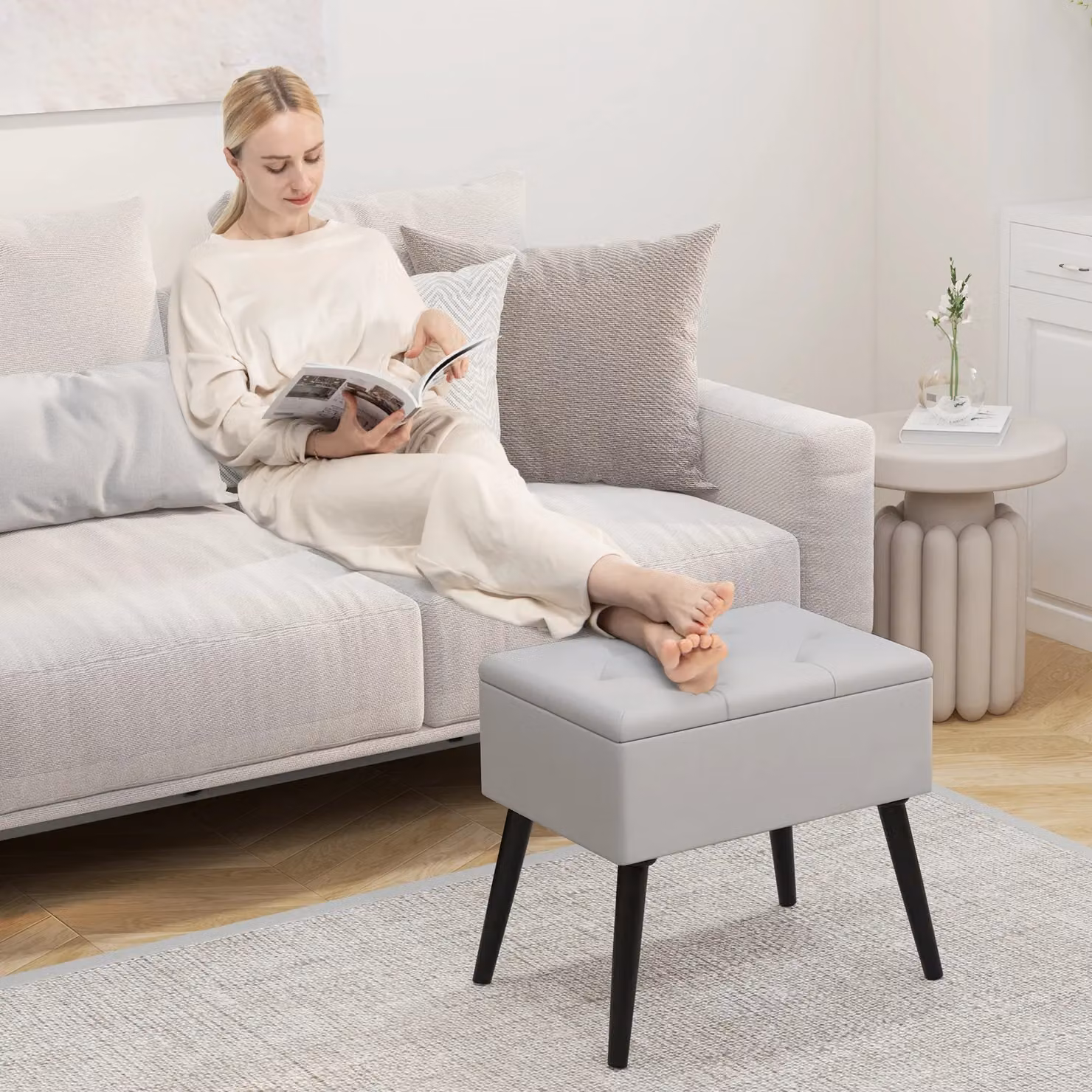 Costway Rectangular Velvet Upholstered Ottoman with Storage, Grey – 3