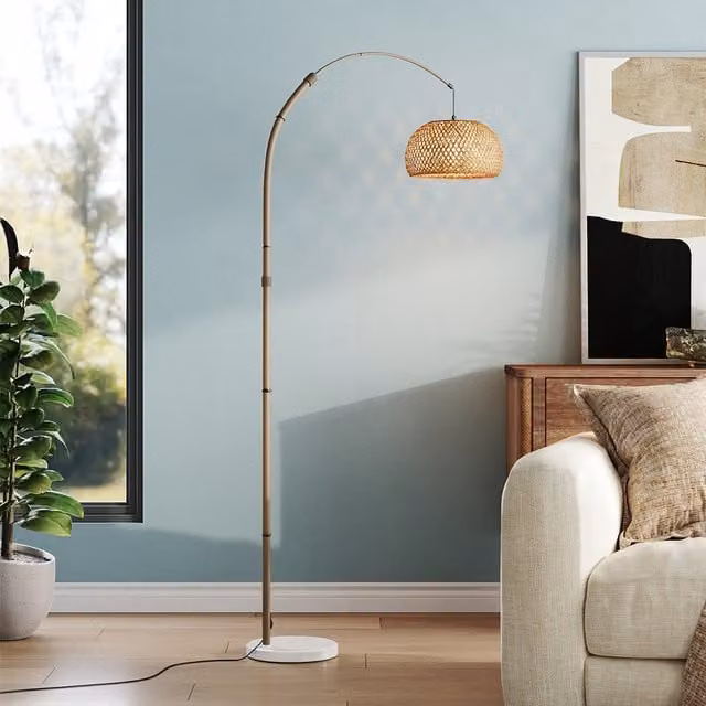 Lifeideas Bamboo Bowl-Shaped Floor Lamp in Wood and Marble with Height Adjustment
