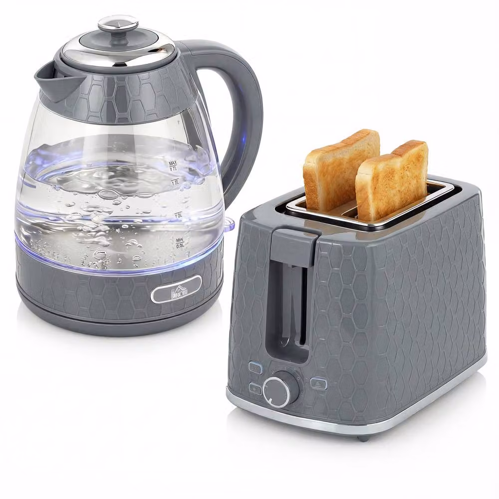 HOMCOM Grey Kettle and Toaster Set with Limescale Filter and Crumb Tray – 2