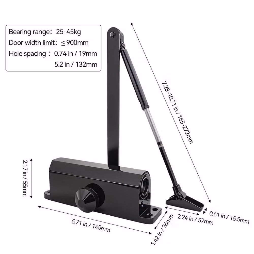 KORVIXA Black Matt Heavy-Duty Fire-Rated Adjustable Overhead Door Closer (25-45kg) – 2