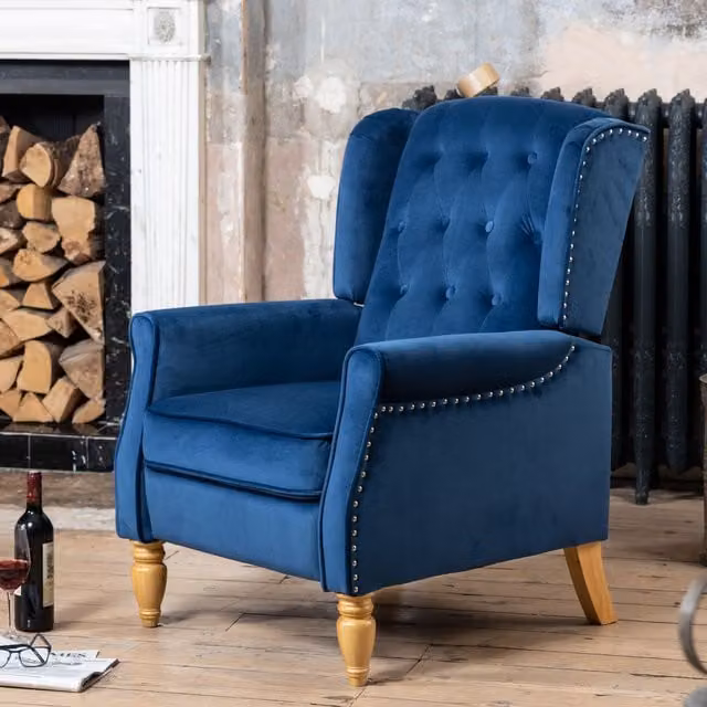 Artemis Home Annapoli Recliner Armchair in Dark Blue Velvet Fabric with Solid Wood Frame
