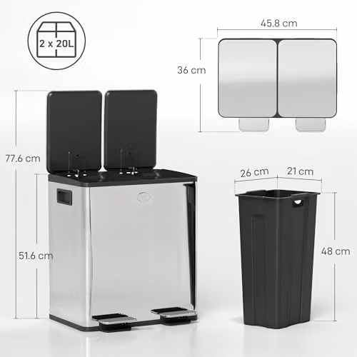 HOMCOM Dual Stainless Steel Pedal Kitchen Bin in Silver Tone with 2 x 20L Removable Inner Buckets – 2